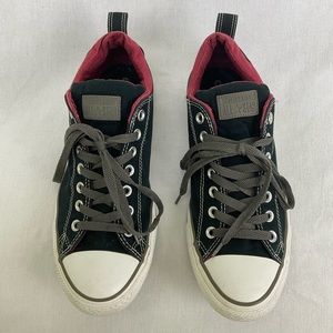 Black, red, and gray Converse street low tops - Men’s Size 10 or Women’s Size 12